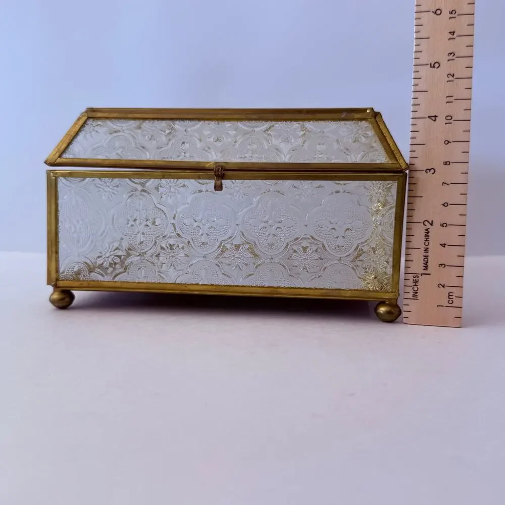 Vintage Brass Glass Box Mirror Floral Textured Side Footed Chain Latch 7 x 6 x 4